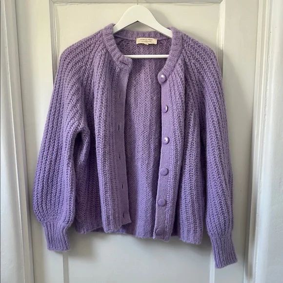Sezane Wisteria Purple Emile Cardigan Sweater with Ribbed Knit and Relaxed Fit
